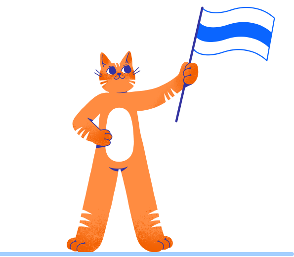 Изображение кота с бело-сине-белым флагом в руках
